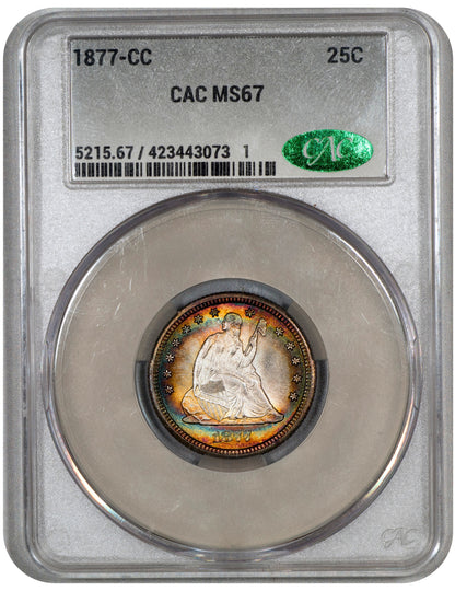 1877-CC 25C Carson City Liberty Seated Quarter MS67 CACG HOLDER WITH GREEN CAC STICKER