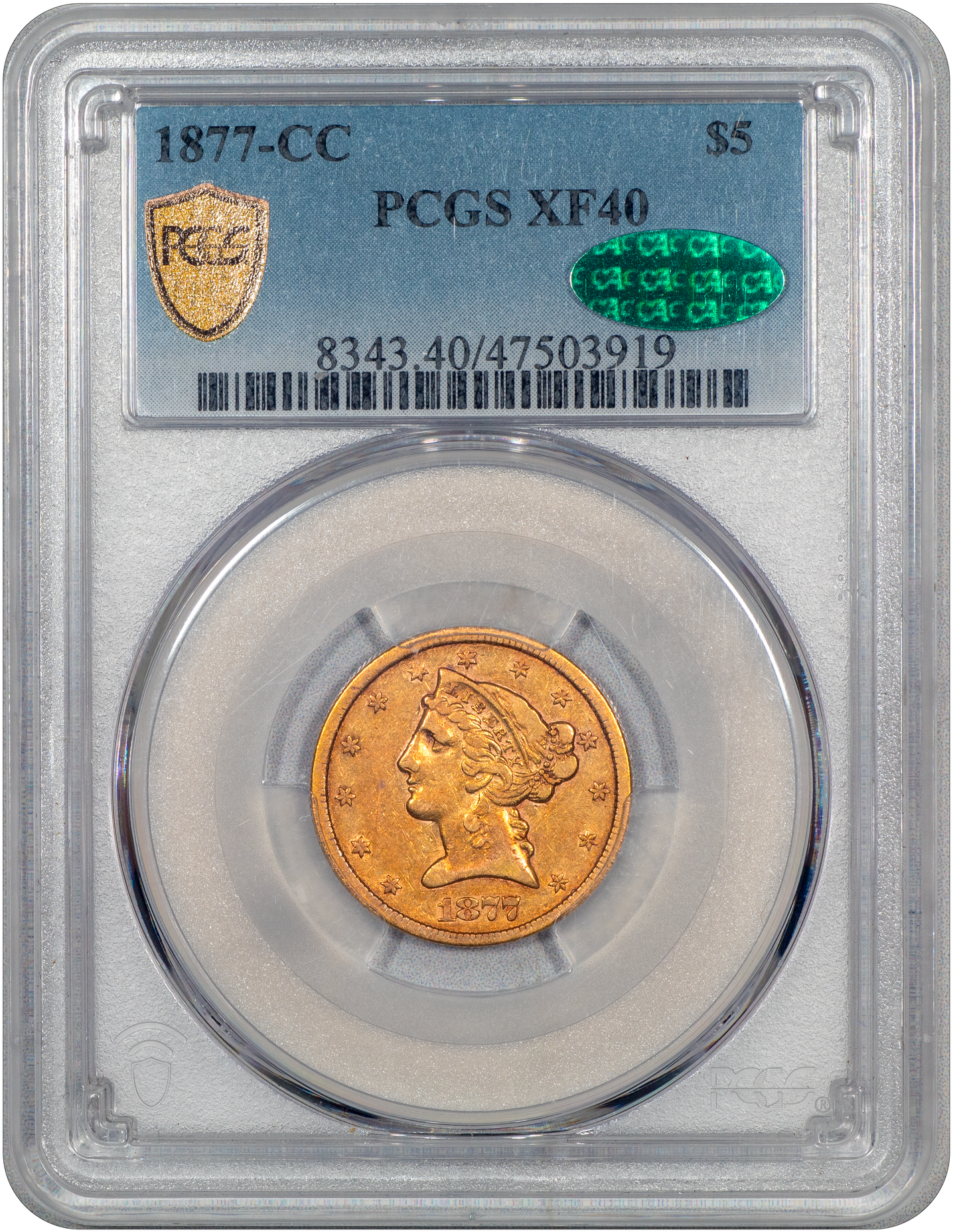 1877-CC Liberty Head Half Eagle $5 XF40 PCGS CAC Holder With Green CAC Sticker