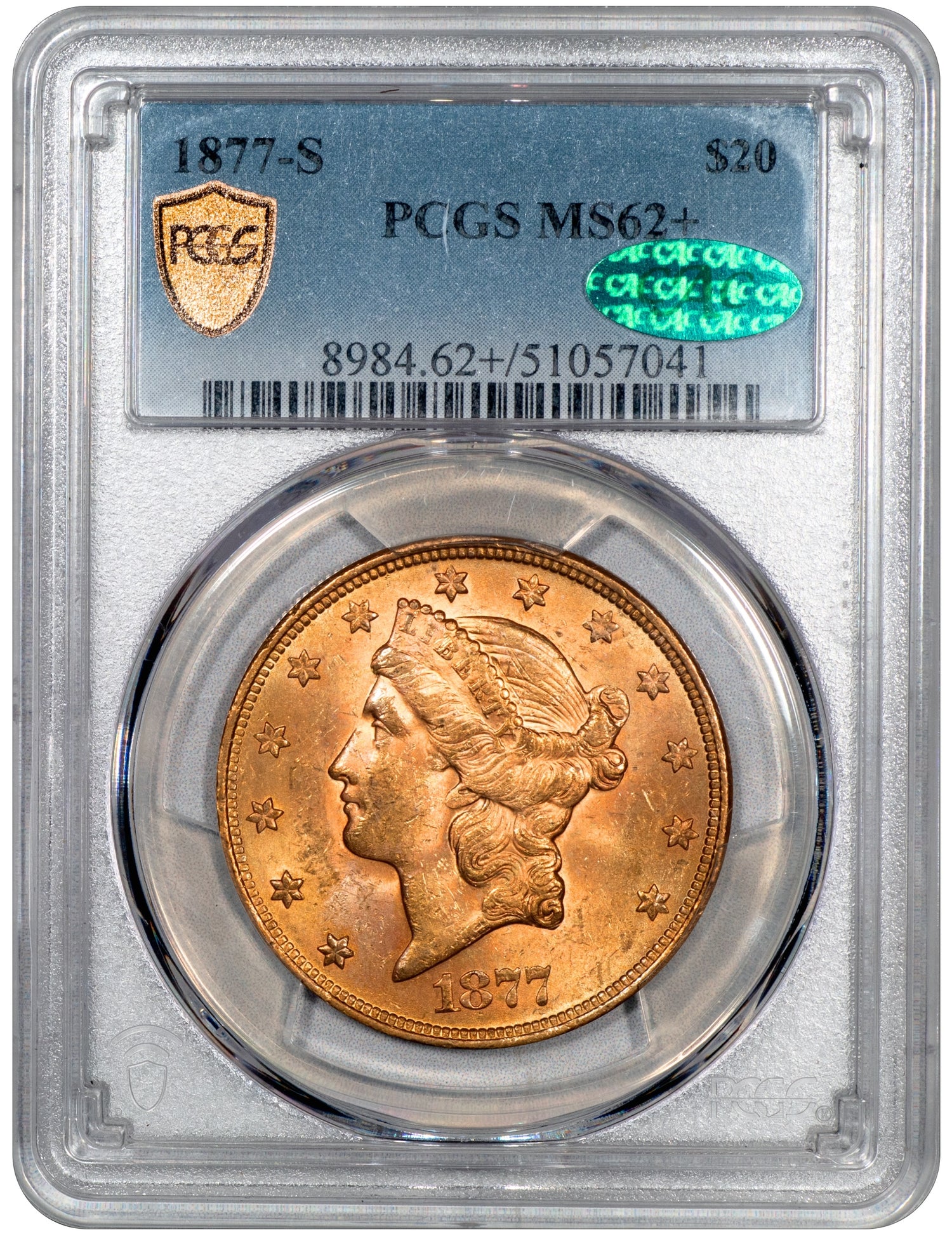 1877-S $20 LIBERTY HEAD DOUBLE EAGLE MS62+ PCGS CAC HOLDER WITH GREEN CAC STICKER