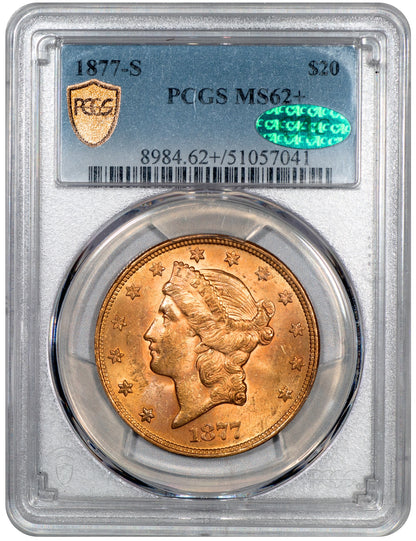 1877-S $20 LIBERTY HEAD DOUBLE EAGLE MS62+ PCGS CAC HOLDER WITH GREEN CAC STICKER