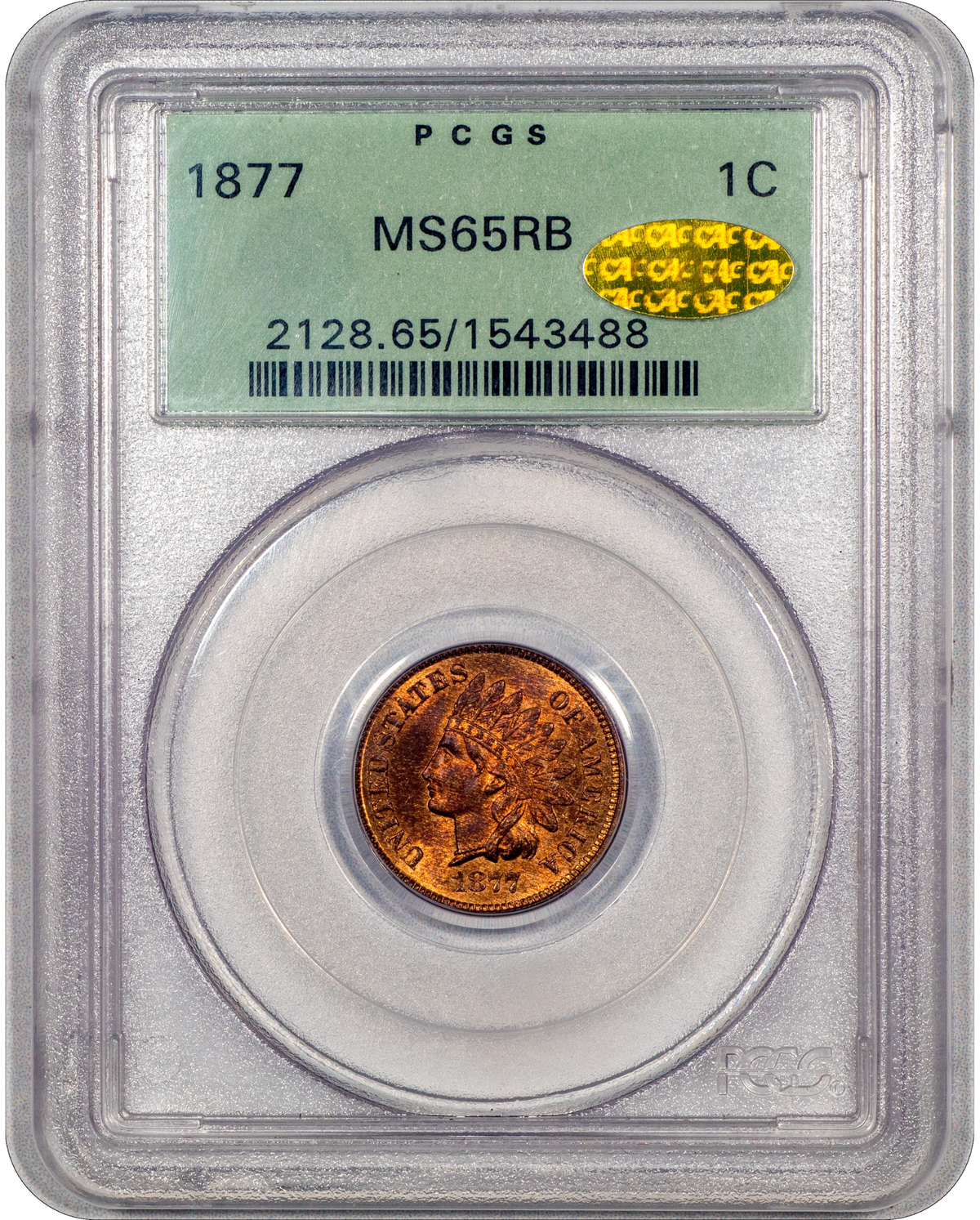 1877 Indian Cent 1C MS65 RB OGH PCGS GOLD CAC HOLDER WITH GOLD CAC STICKER