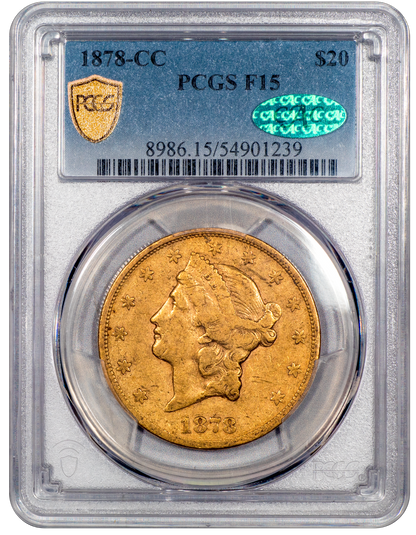 1878-CC Liberty Head Double Eagle $20 F15 PCGS CAC Holder With Green CAC Sticker