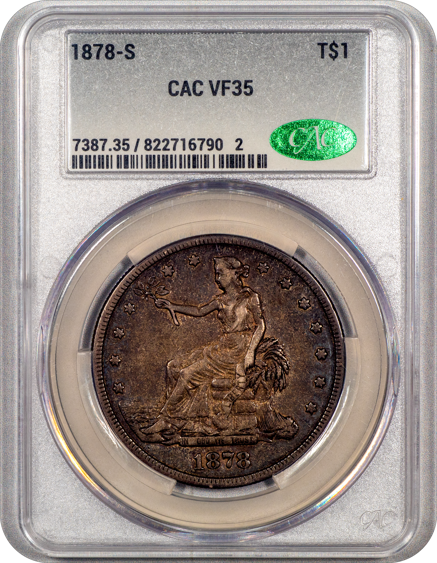 1878-S Trade Dollar T$1 VF35 CACG holder with green cac sticker 