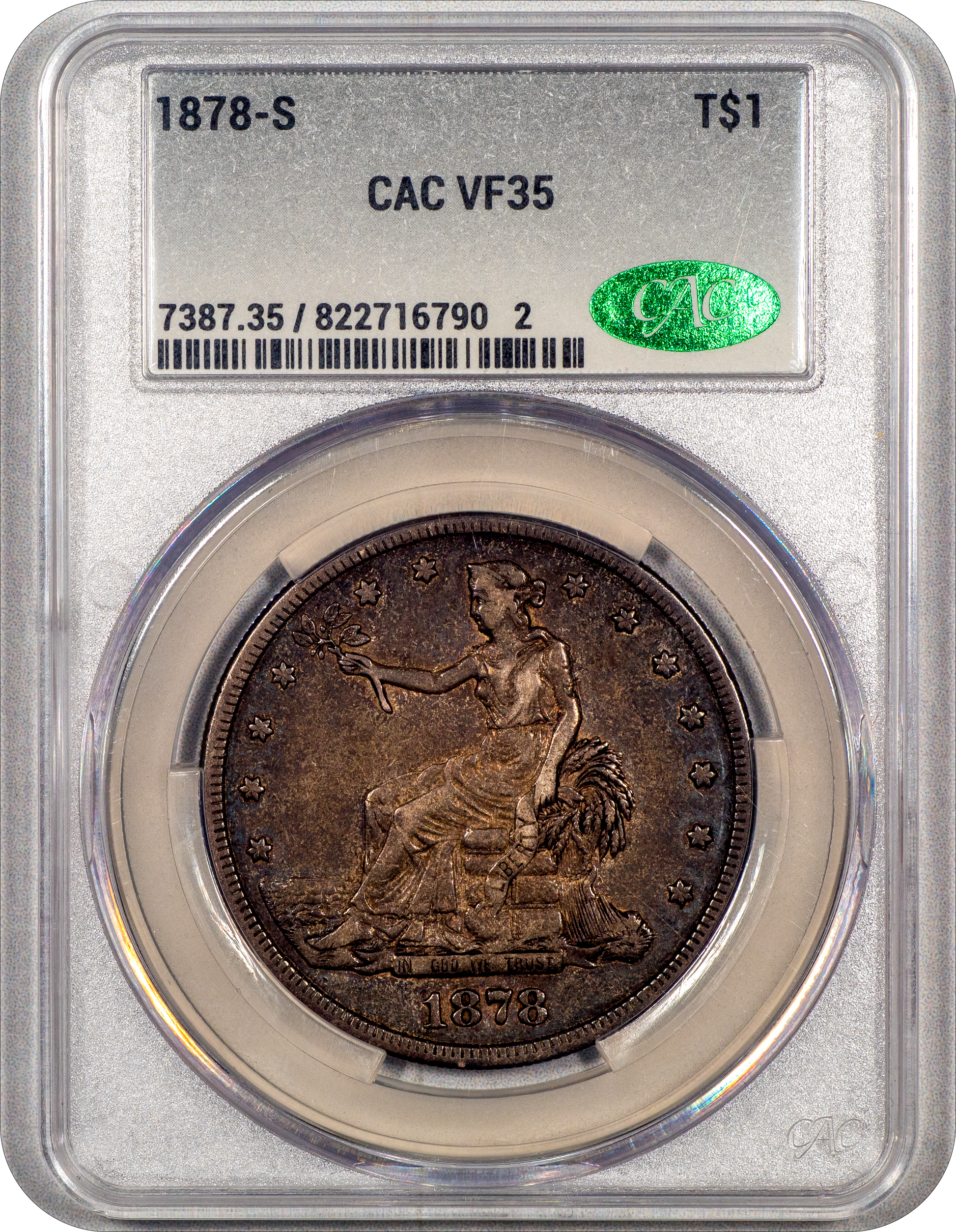 1878-S Trade Dollar T$1 VF35 CACG holder with green cac sticker 