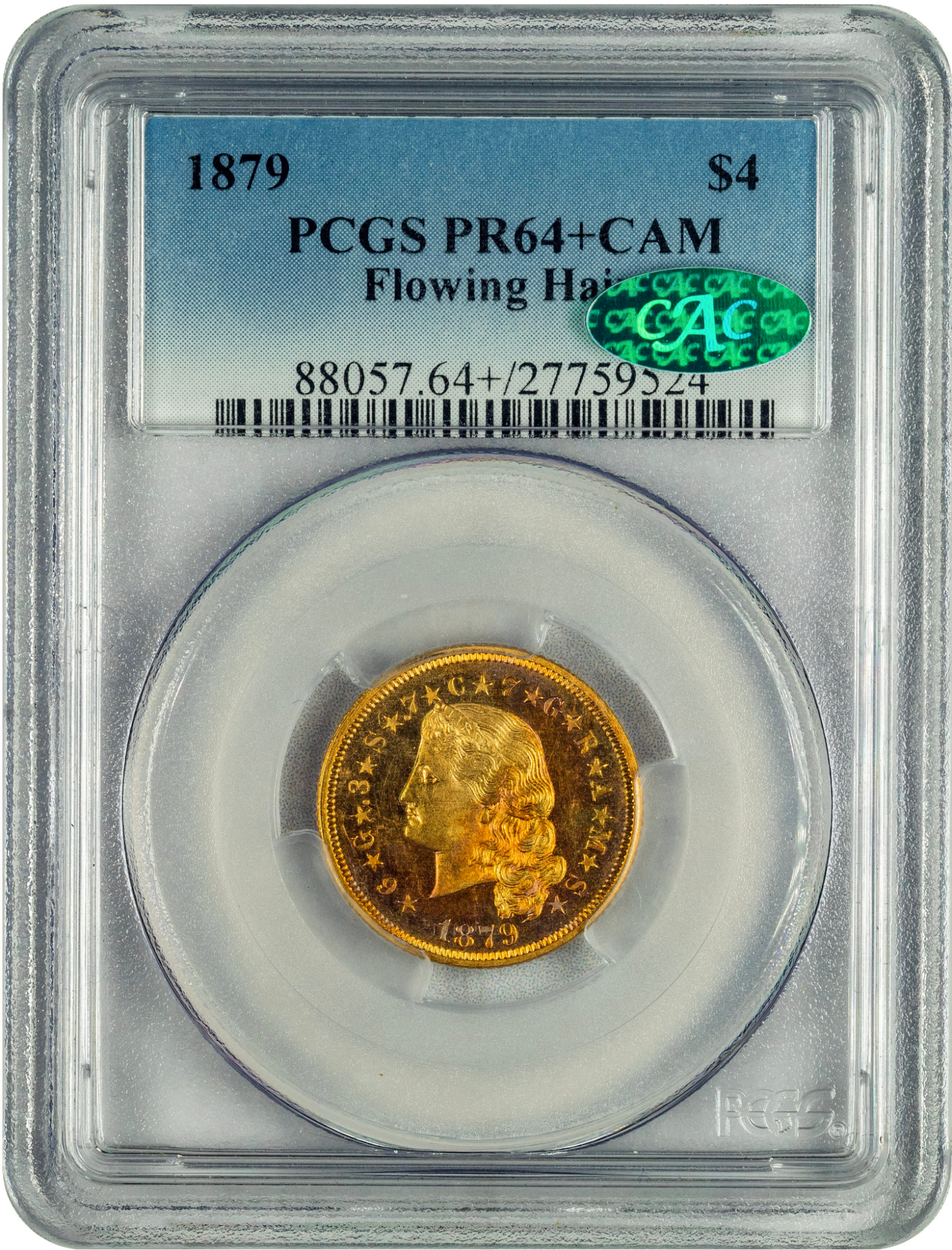 1879 $4 FLOWING HAIR STELLA PR64+ CAM PCGS CAC HOLDER WITH GREEN CAC STICKER