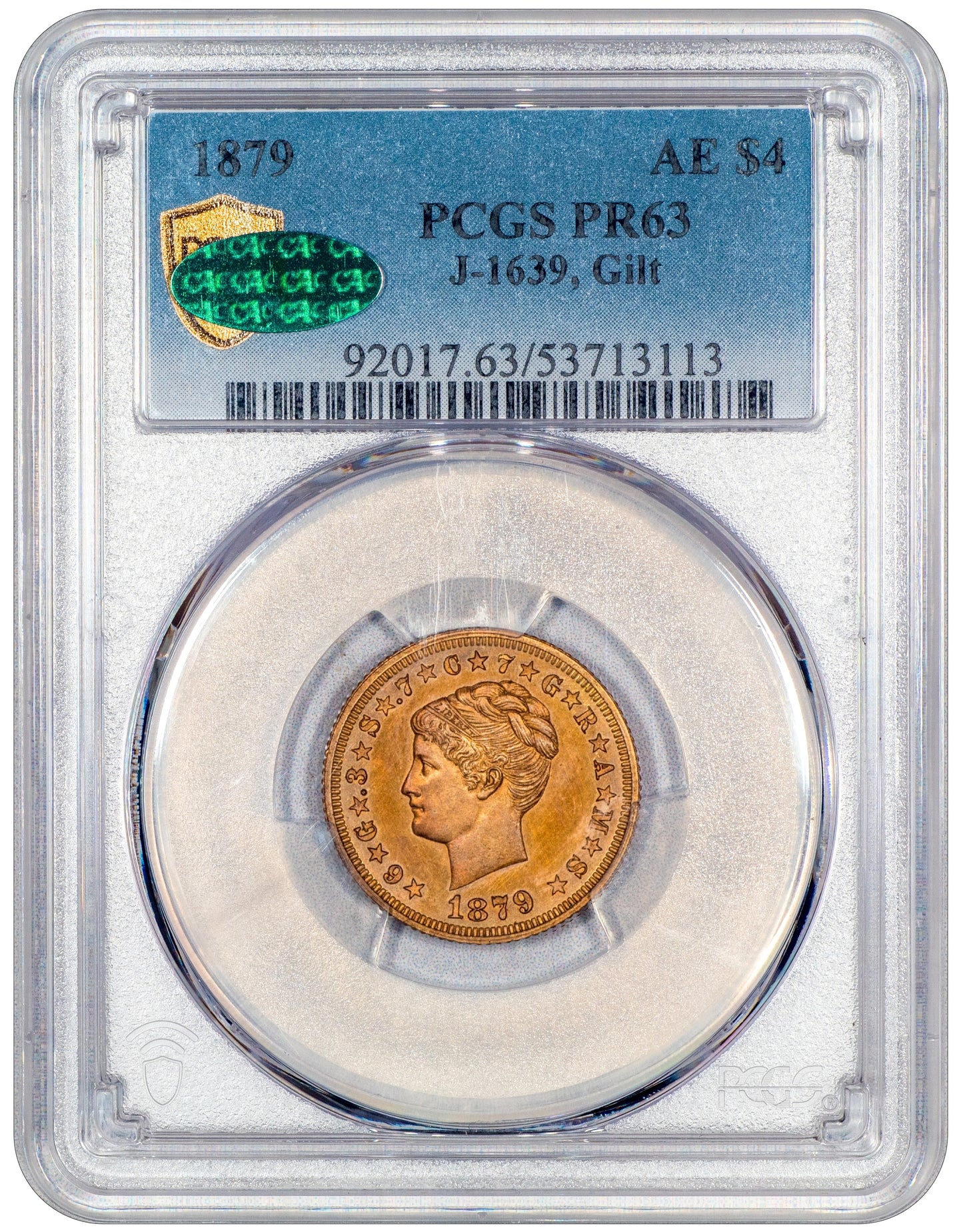 1879 $4 COILED HAIR STELLA GILT PR63 PCGS CAC HOLDER WITH GREEN CAC STICKER