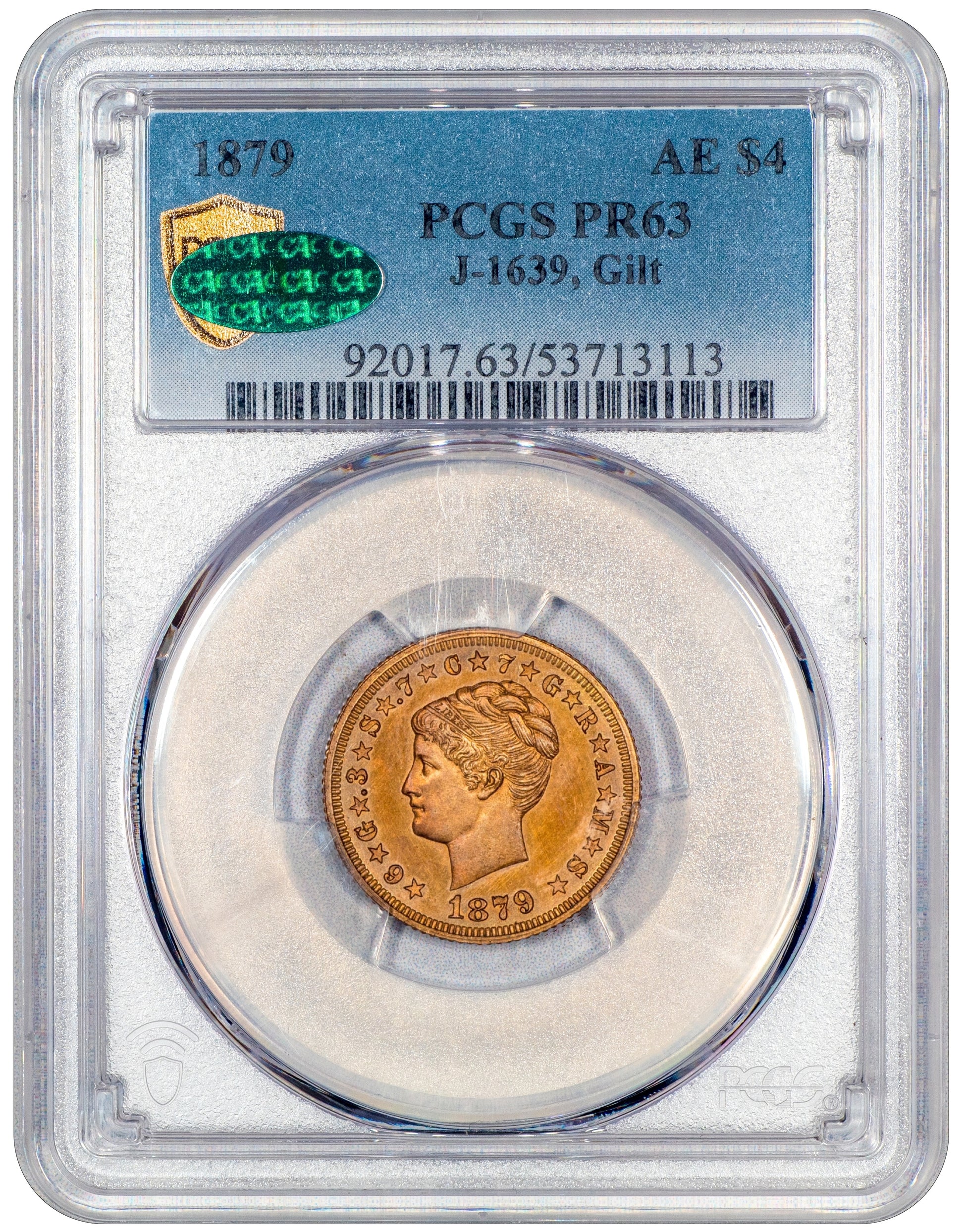 1879 $4 COILED HAIR STELLA GILT PR63 PCGS CAC HOLDER WITH GREEN CAC STICKER