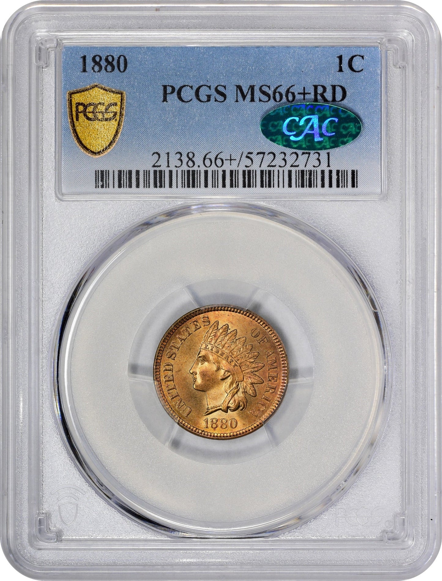 1880 1C MS66 + RD PCGS CAC HOLDER WITH GREEN CAC STICKER