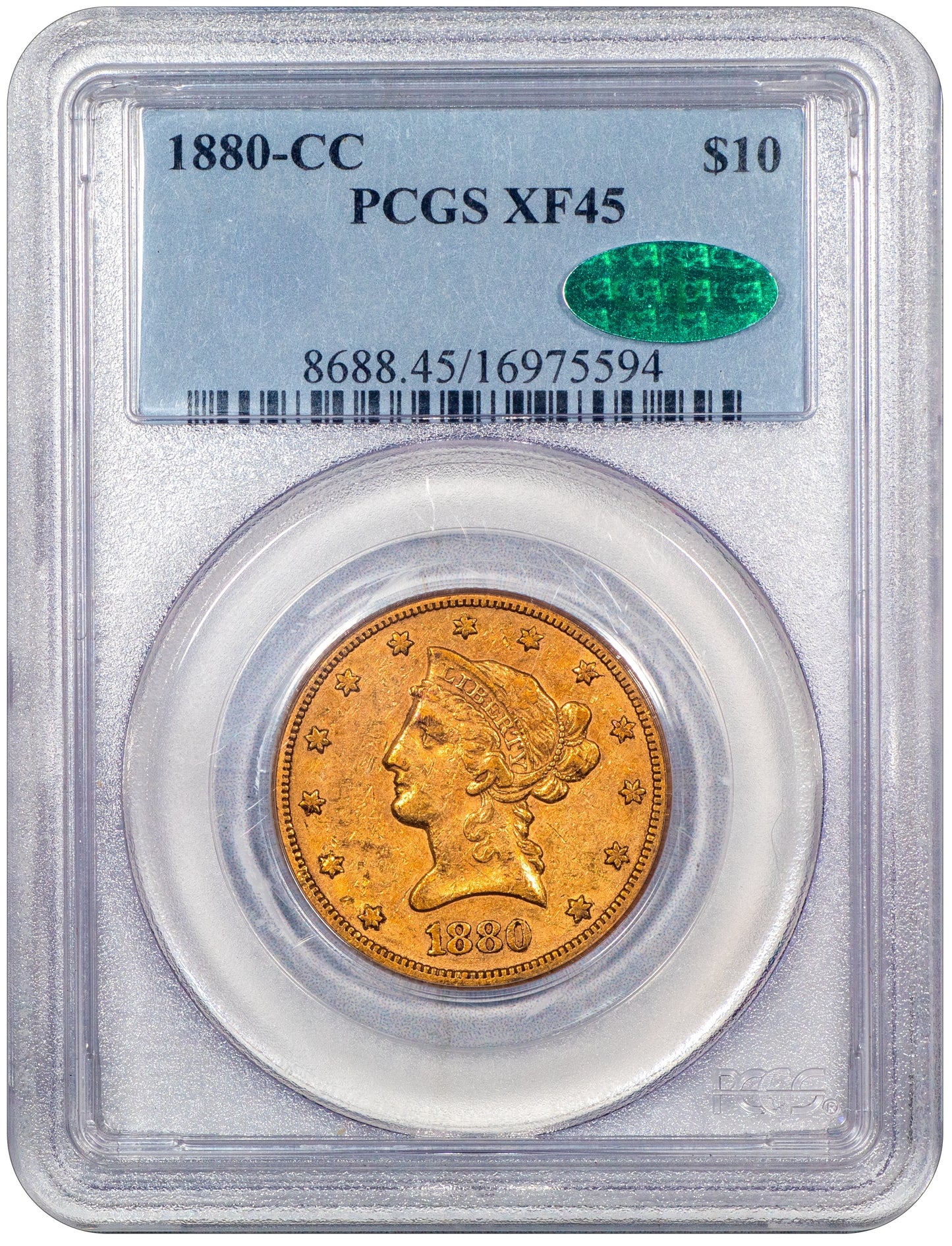 1880-CC $10 CARSON CITY LIBERTY HEAD EAGLE XF45 PCGS CAC HOLDER WITH GREEN CAC STICKER