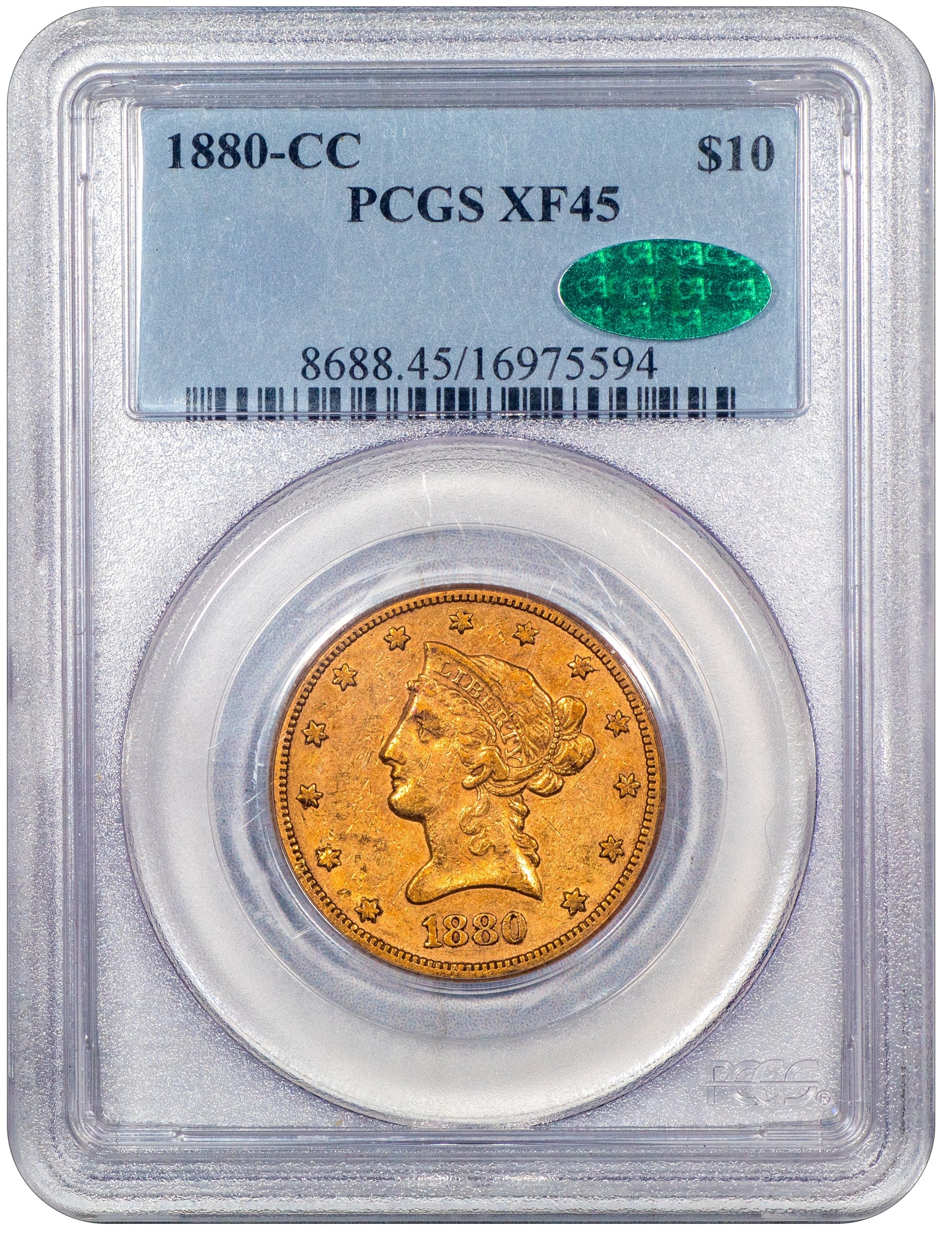 1880-CC $10 CARSON CITY LIBERTY HEAD EAGLE XF45 PCGS CAC HOLDER WITH GREEN CAC STICKER