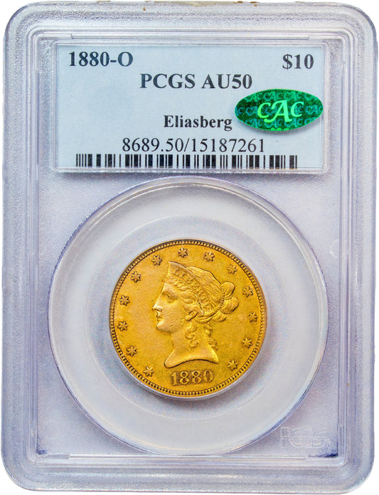 1880-O $10 AU50 PCGS CAC EX ELIASBERG HOLDER WITH GREEN CAC STICKER