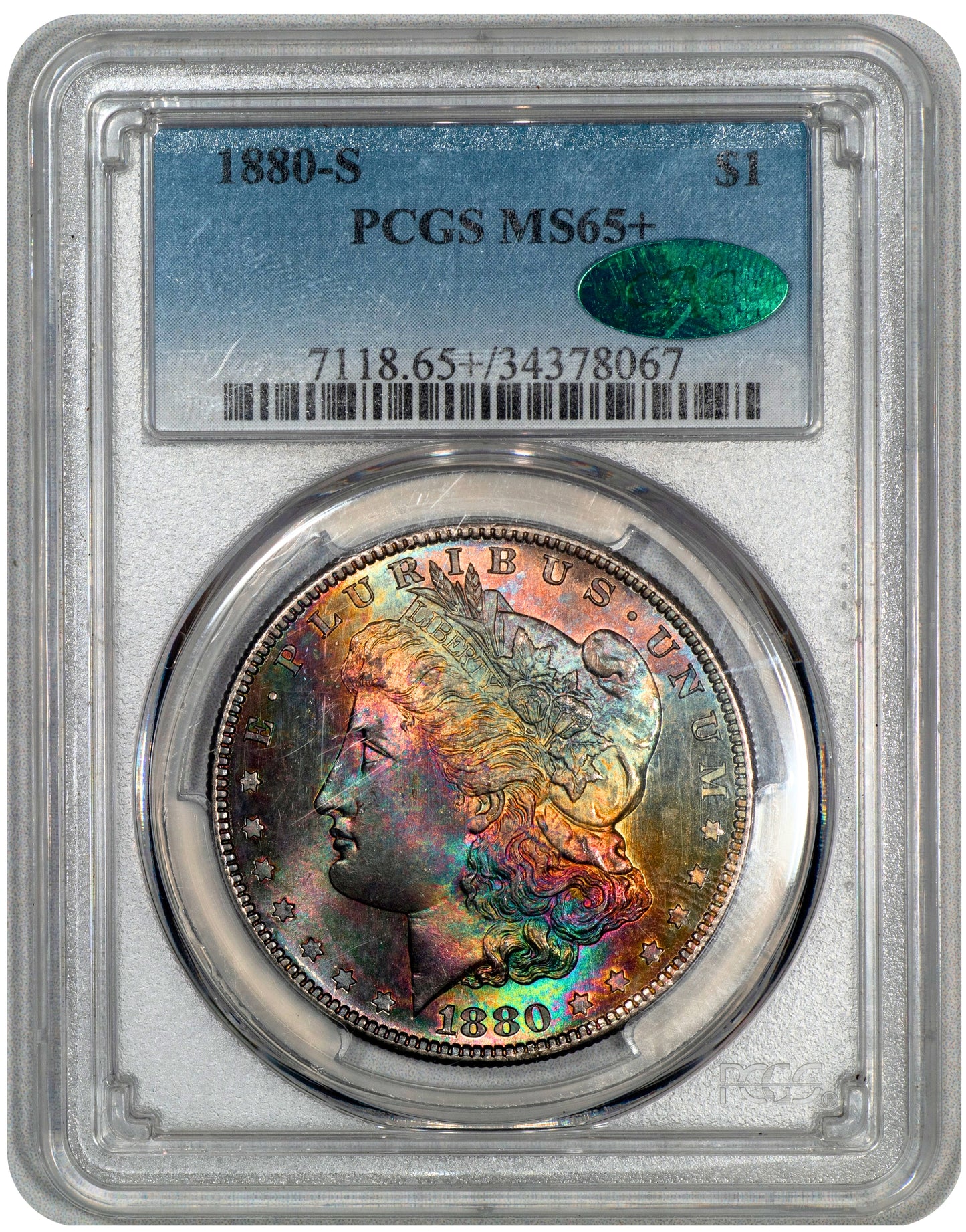 1880-S $1 MORGAN DOLLAR MS65+ PCGS CAC HOLDER WITH GREEN CAC STICKER