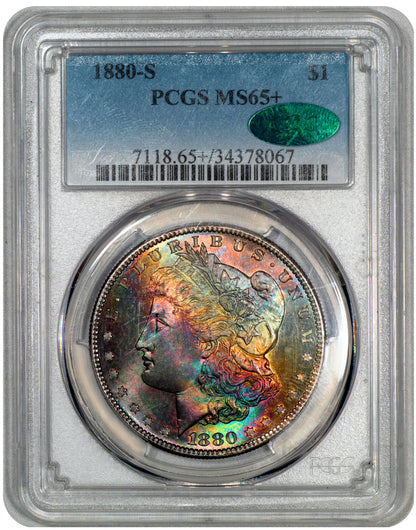 1880-S $1 MORGAN DOLLAR MS65+ PCGS CAC HOLDER WITH GREEN CAC STICKER