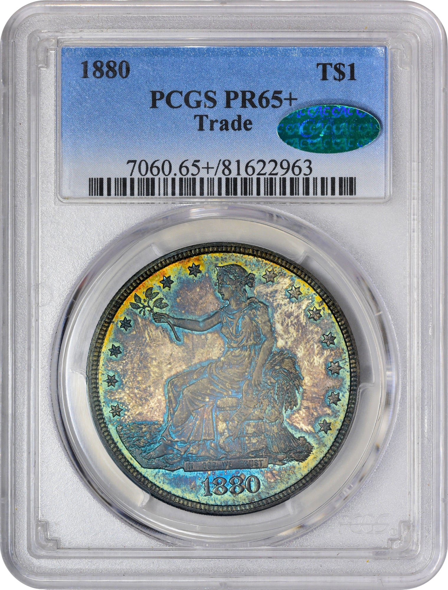 1880 T$1 PR65+ PCGS CAC HOLDER WITH CAC STICKER