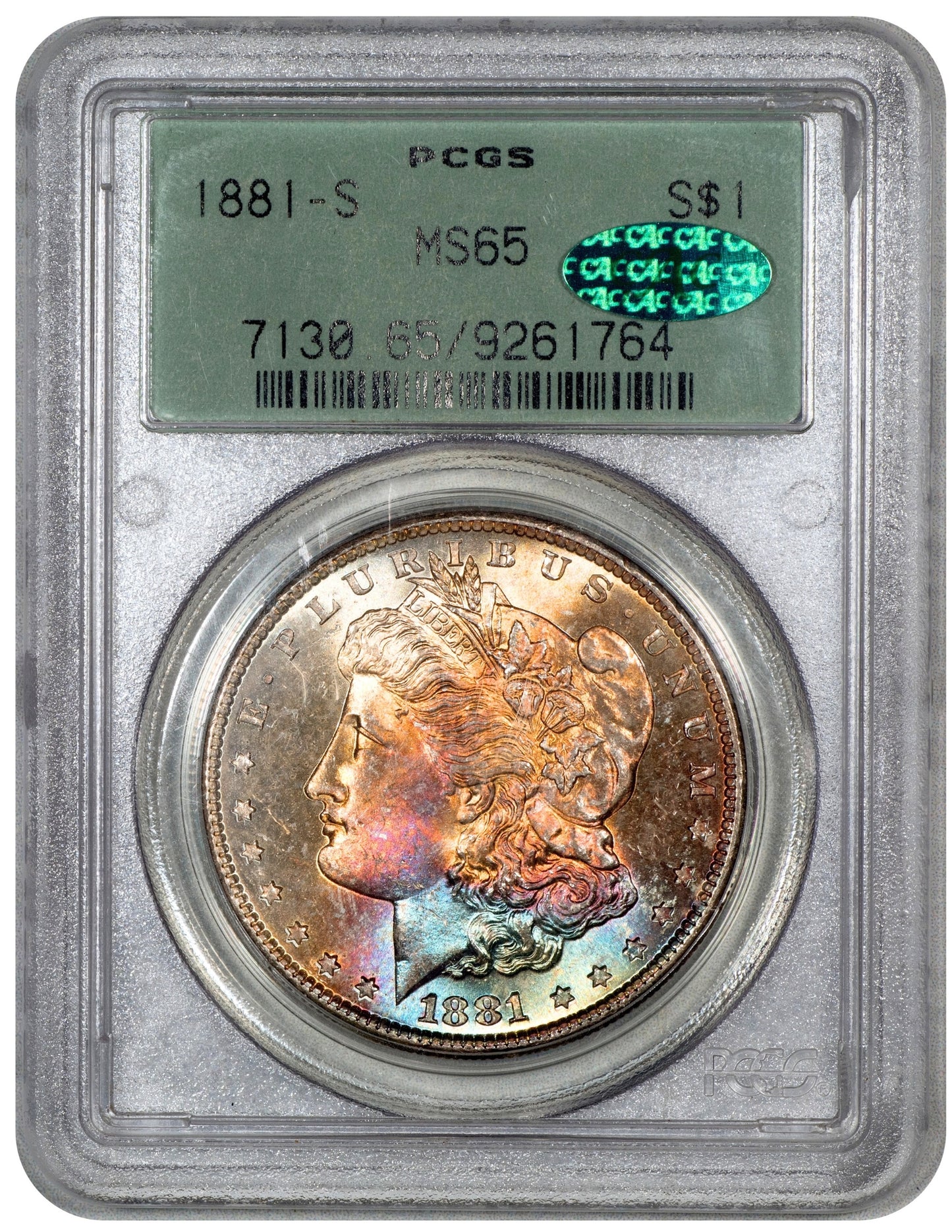 1881-S $1 MORGAN DOLLAR MS65 OGH PCGS CAC HOLDER WITH GREEN CAC STICKER
