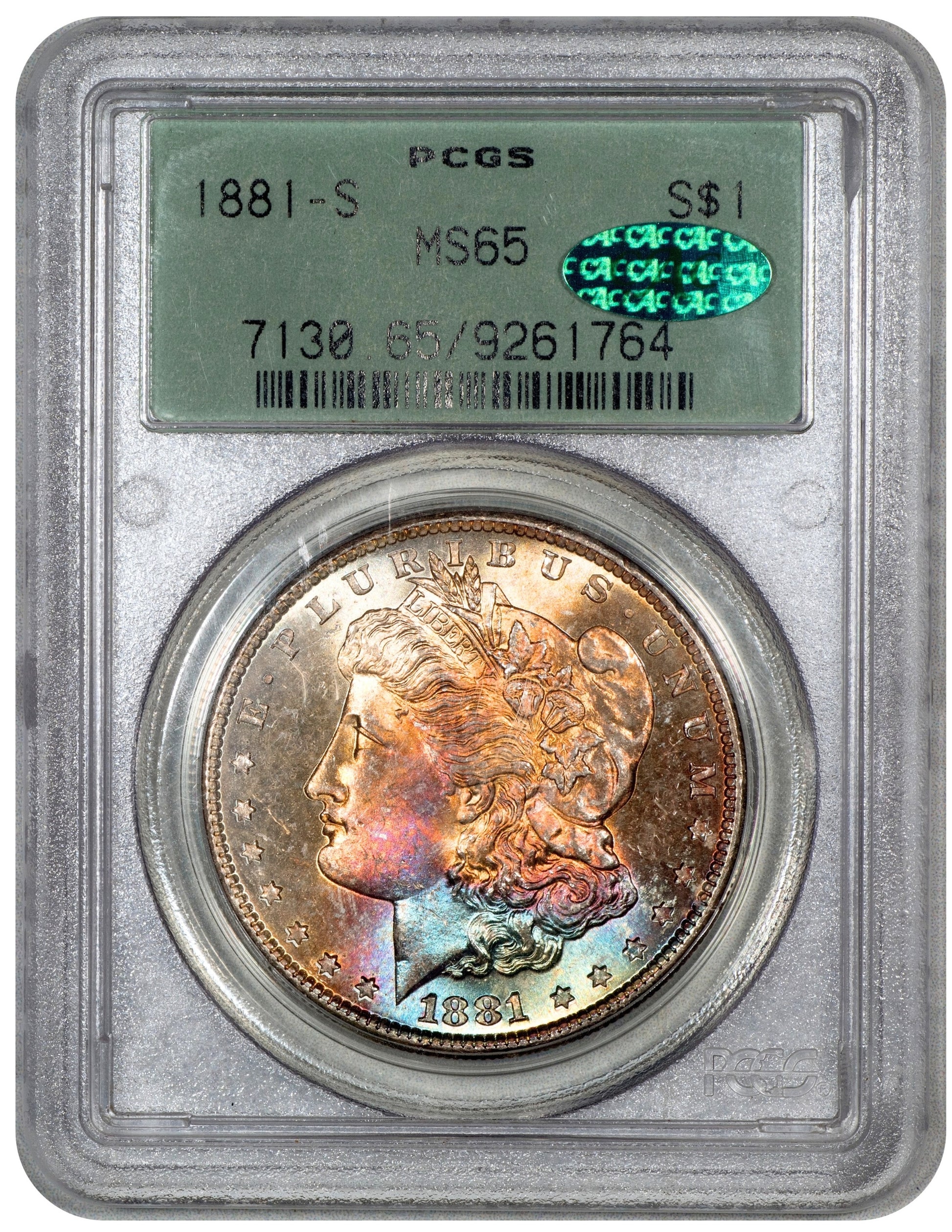 1881-S $1 MORGAN DOLLAR MS65 OGH PCGS CAC HOLDER WITH GREEN CAC STICKER