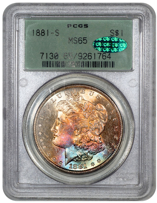 1881-S $1 MORGAN DOLLAR MS65 OGH PCGS CAC HOLDER WITH GREEN CAC STICKER