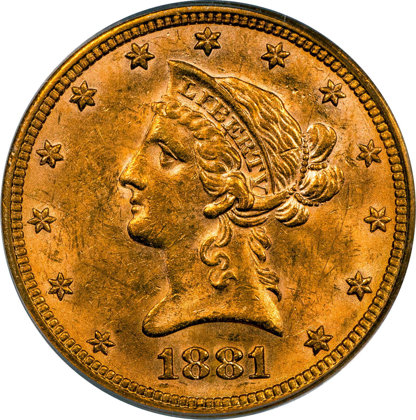 1881 $10 LIBERTY HEAD EAGLE AU58 OGH PCGS CAC