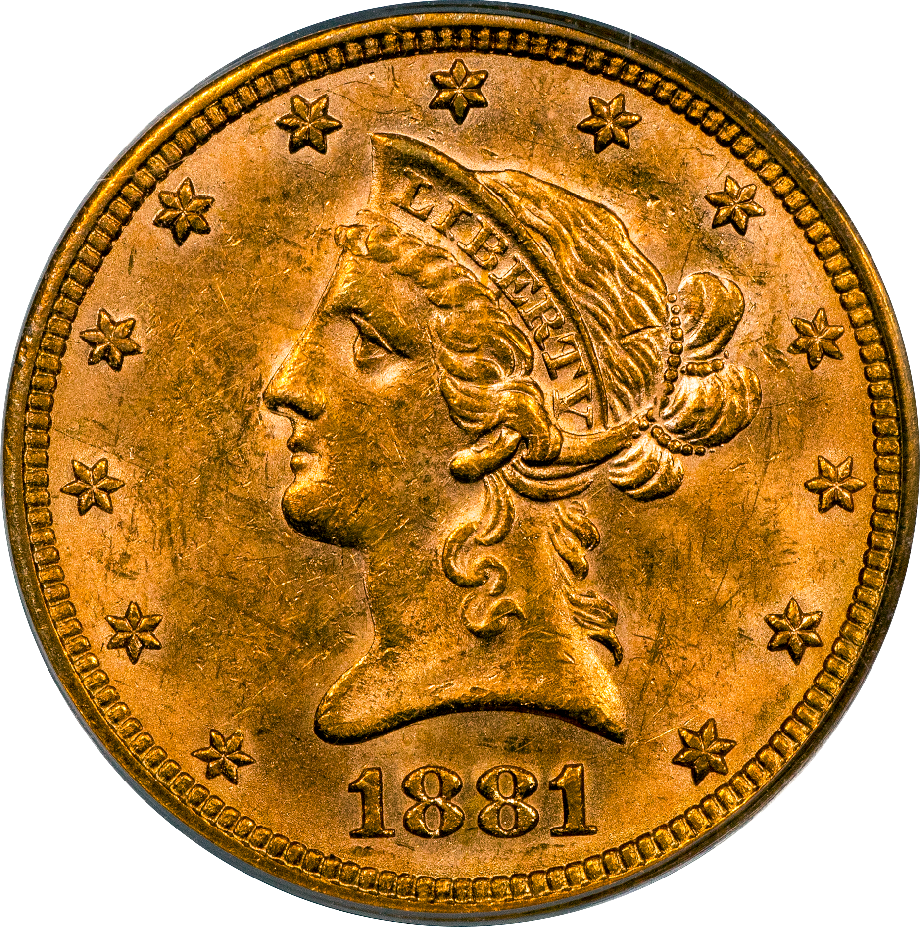 1881 $10 LIBERTY HEAD EAGLE AU58 OGH PCGS CAC