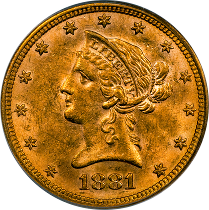 1881 $10 LIBERTY HEAD EAGLE AU58 OGH PCGS CAC
