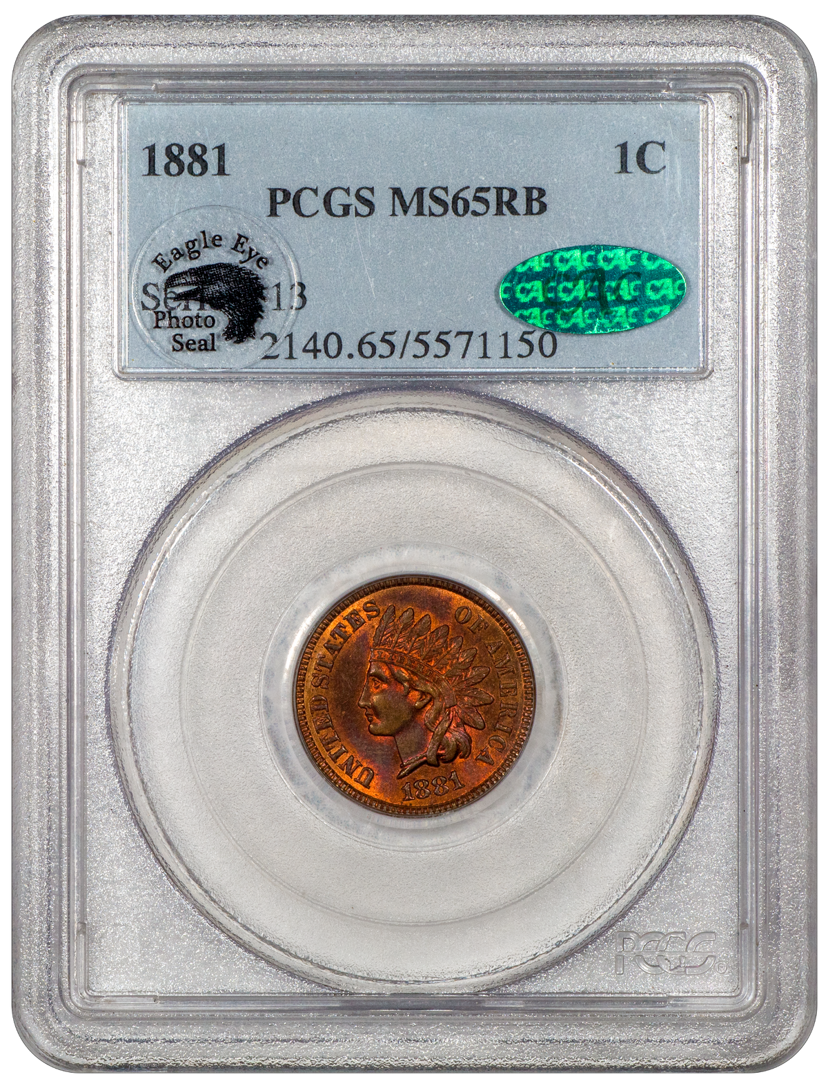1881 Indian Cent 1C MS65 RB PCGS CAC EEPS HOLDER WITH GREEN CAC STICKER PLUS EAGLE EYE PHOTO SEAL STICKER