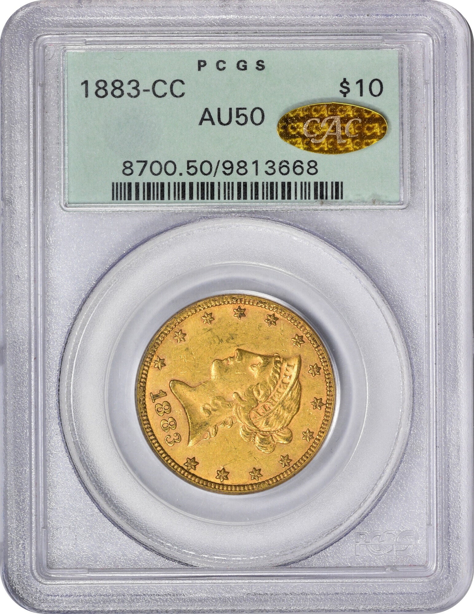 1883-CC $10 AU50 OGH PCGS GOLD CAC HOLDER WITH GOLD CAC STICKER