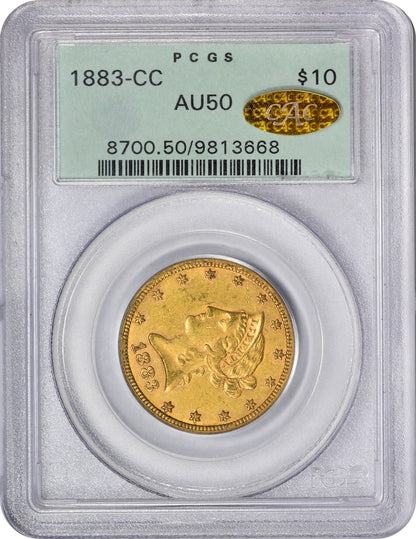 1883-CC $10 AU50 OGH PCGS GOLD CAC HOLDER WITH GOLD CAC STICKER