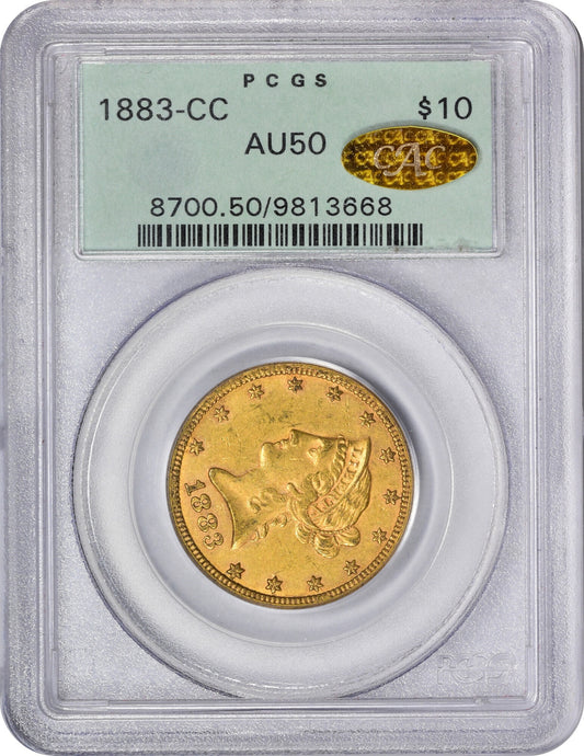 1883-CC $10 AU50 OGH PCGS GOLD CAC HOLDER WITH GOLD CAC STICKER