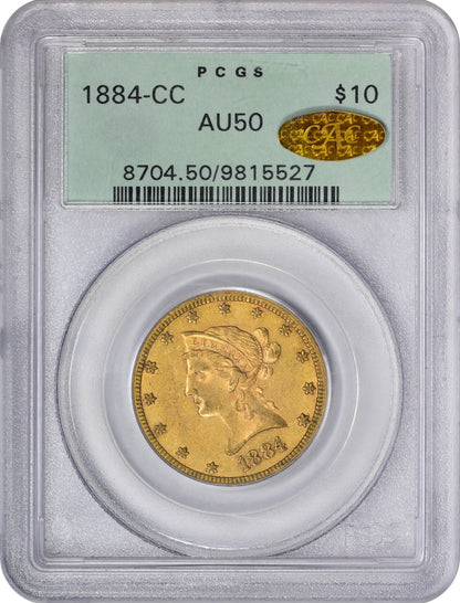 1884-CC $10 AU50 OGH PCGS GOLD CAC HOLDER WITH GOLD CAC STICKER