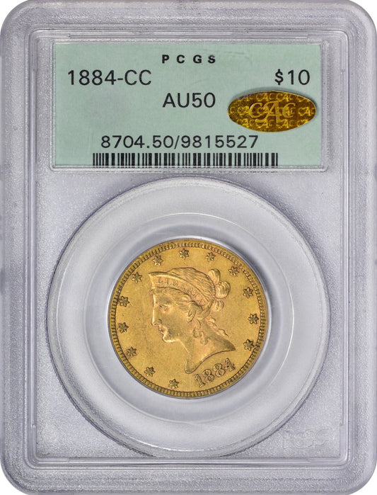 1884-CC $10 AU50 OGH PCGS GOLD CAC HOLDER WITH GOLD CAC STICKER