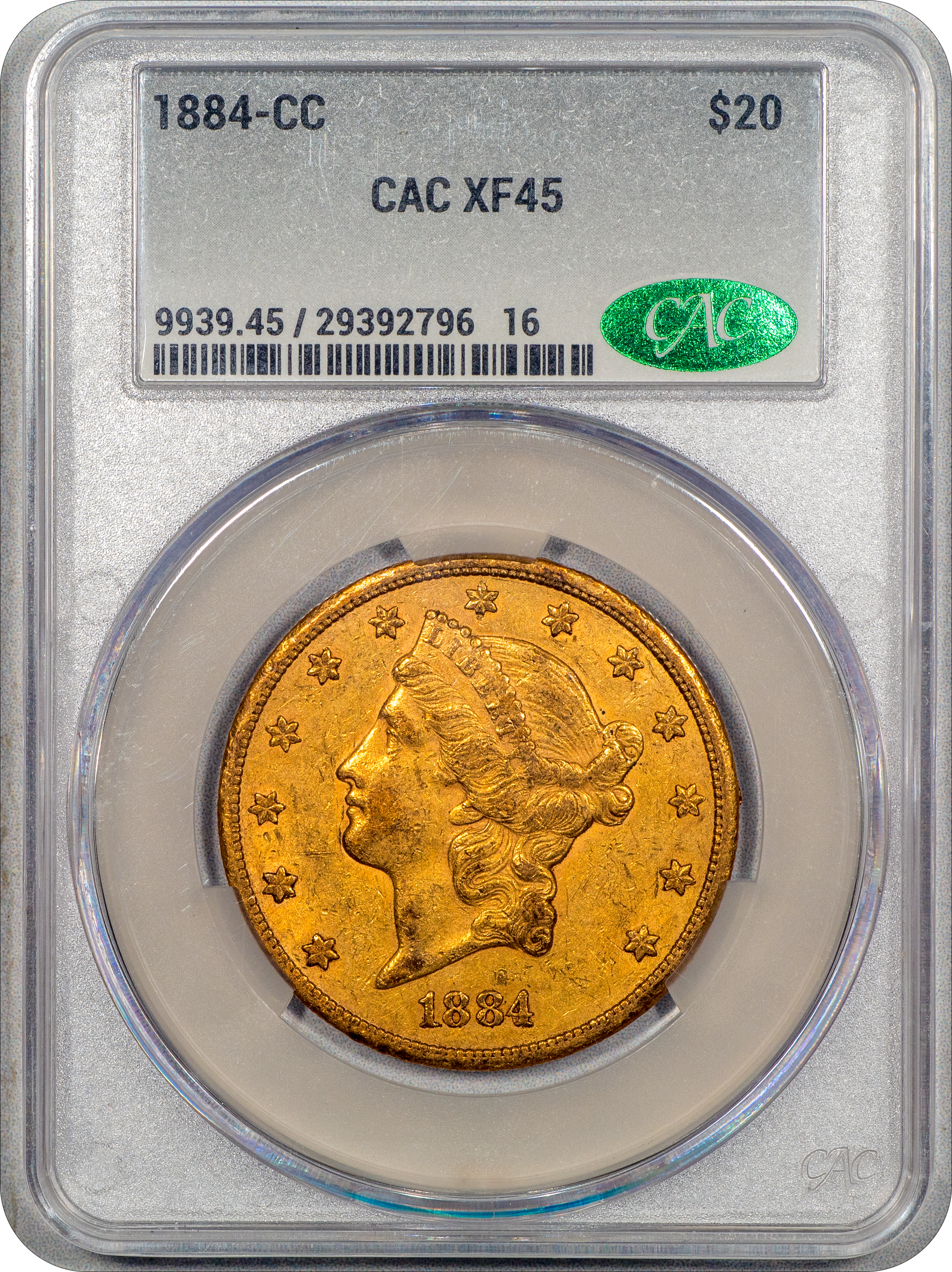 1884-CC Liberty Double Eagle $20 XF45 CACG Holder With Green CAC Sticker