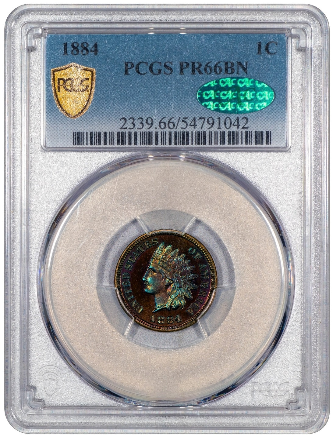 1884 1C INDIAN CENT PR66 BN PCGS CAC HOLDER WITH GREEN CAC STICKER