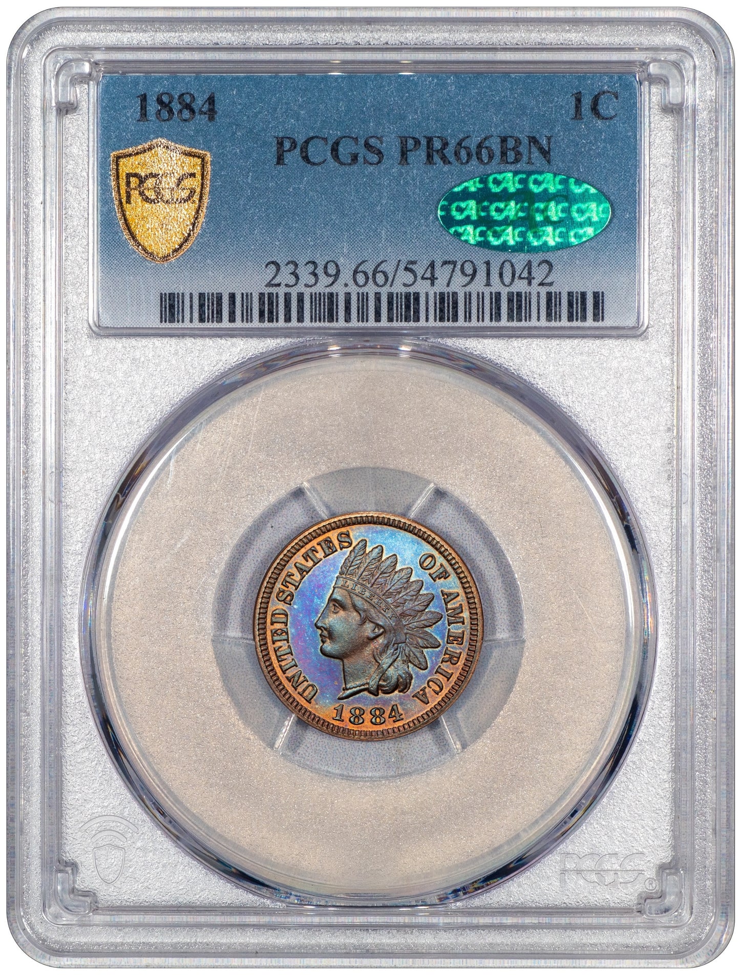 1884 1C INDIAN CENT PR66 BN PCGS CAC HOLDER WITH GREEN CAC STICKER