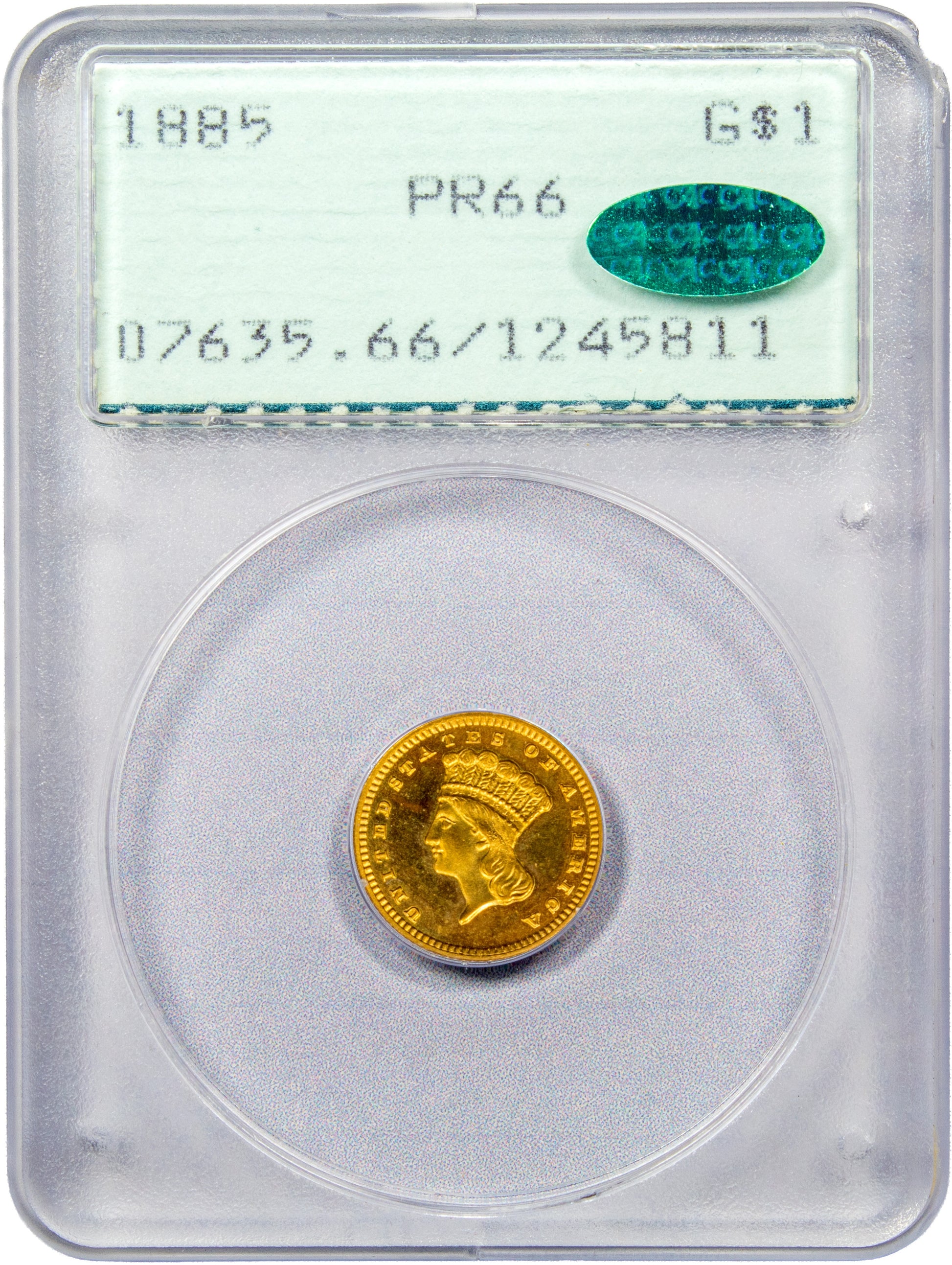1885 G$1 PR66 OGH RATTLER PCGS CAC HOLDER WITH CAC GREEN STICKER