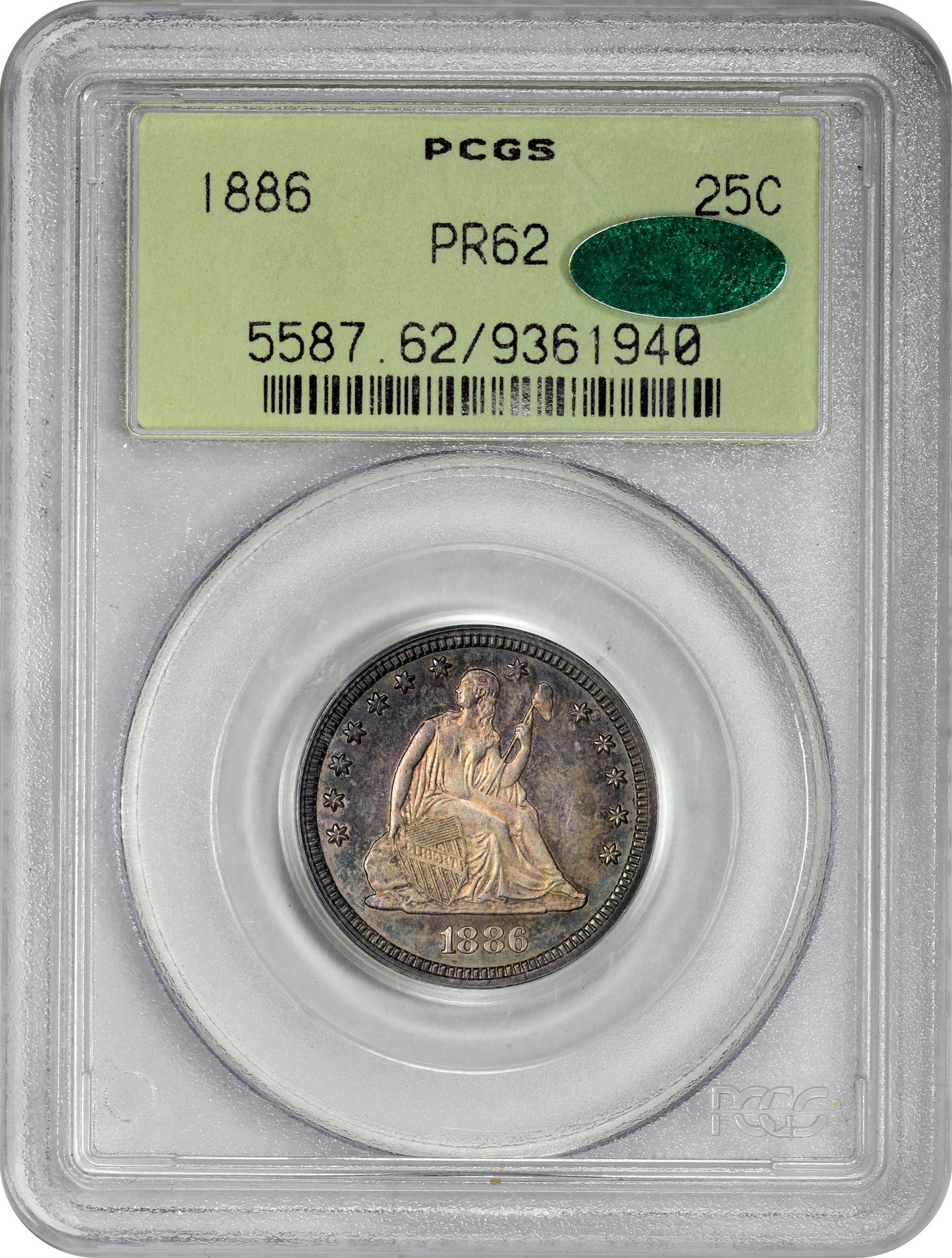 1886 25C PR62 OGH PCGS CAC HOLDER WITH CAC STICKER