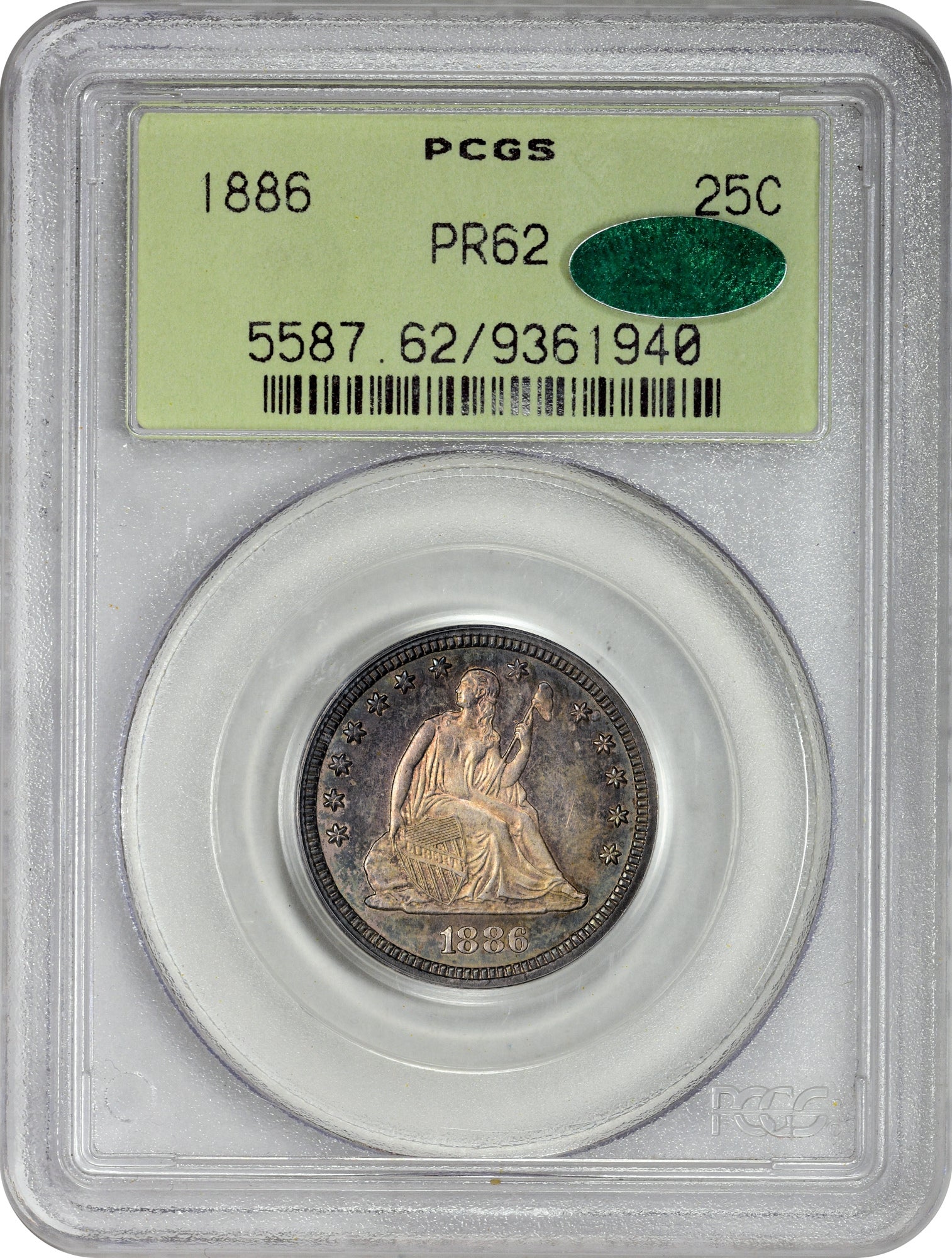 1886 25C PR62 OGH PCGS CAC HOLDER WITH CAC STICKER