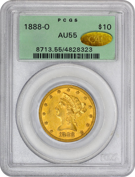 1888-O $10 AU55 OGH PCGS GOLD CAC HOLDER WITH GOLD CAC STICKER