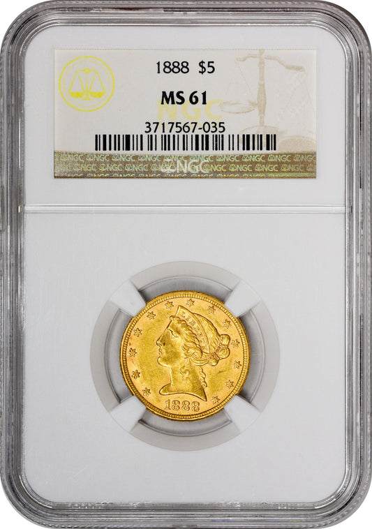 1888 Liberty Head Half Eagle $5 MS61 NGC HOLDER