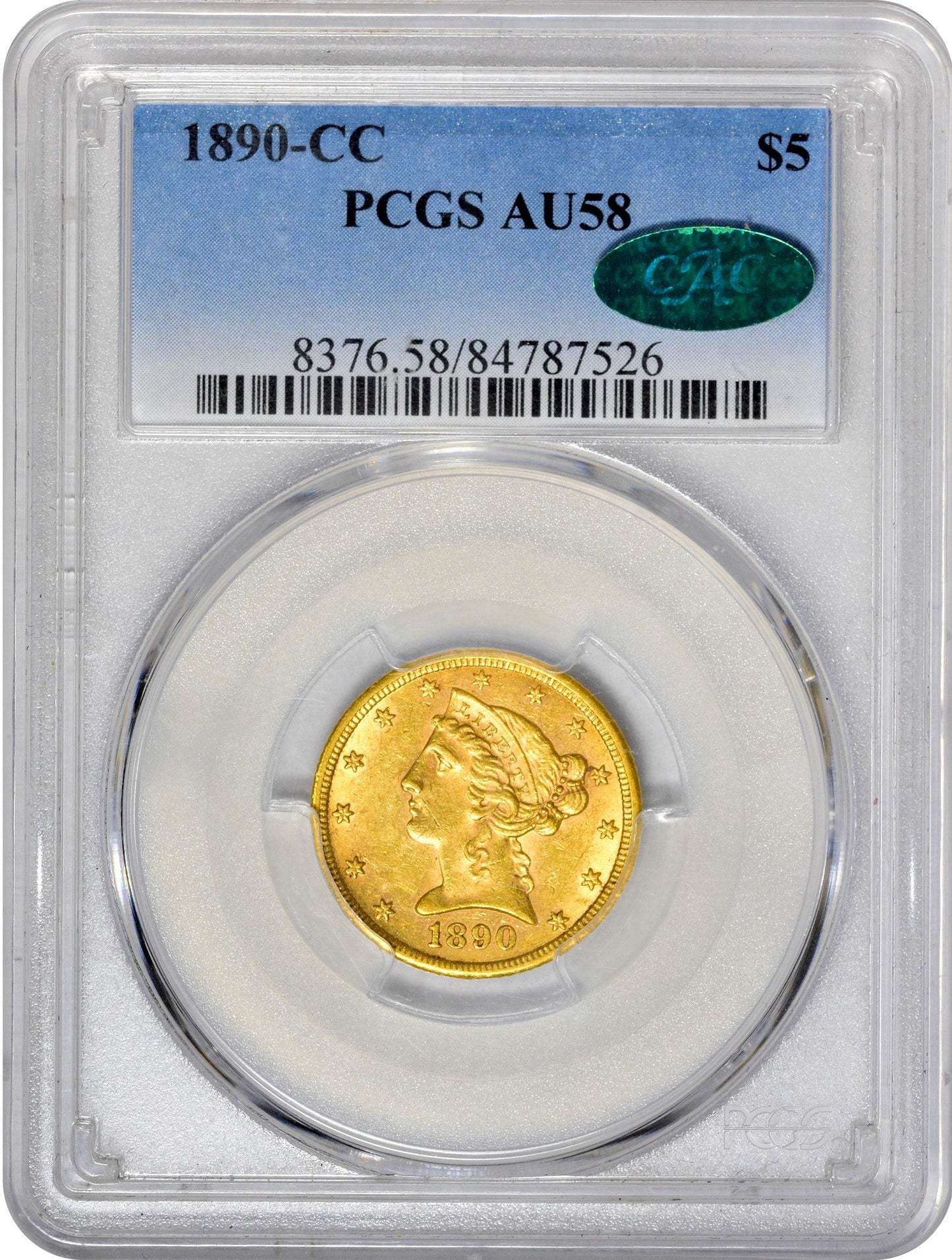 1890-CC $5 AU58 PCGS CAC HOLDER WITH CAC STICKER