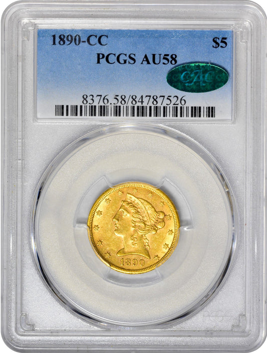 1890-CC $5 AU58 PCGS CAC HOLDER WITH CAC STICKER