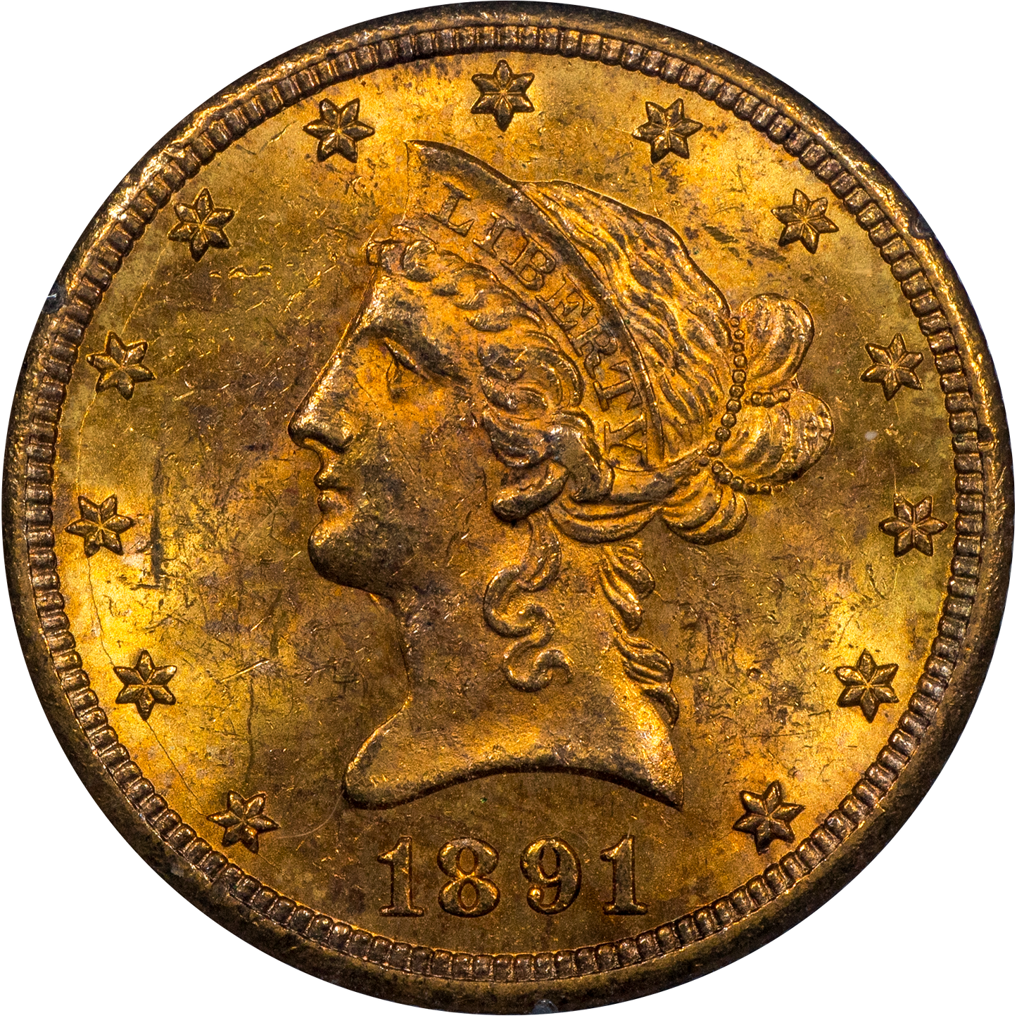 1891-CC $10 LIBERTY HEAD EAGLE MS60 OGH RATTLER PCGS CAC OBVERSE