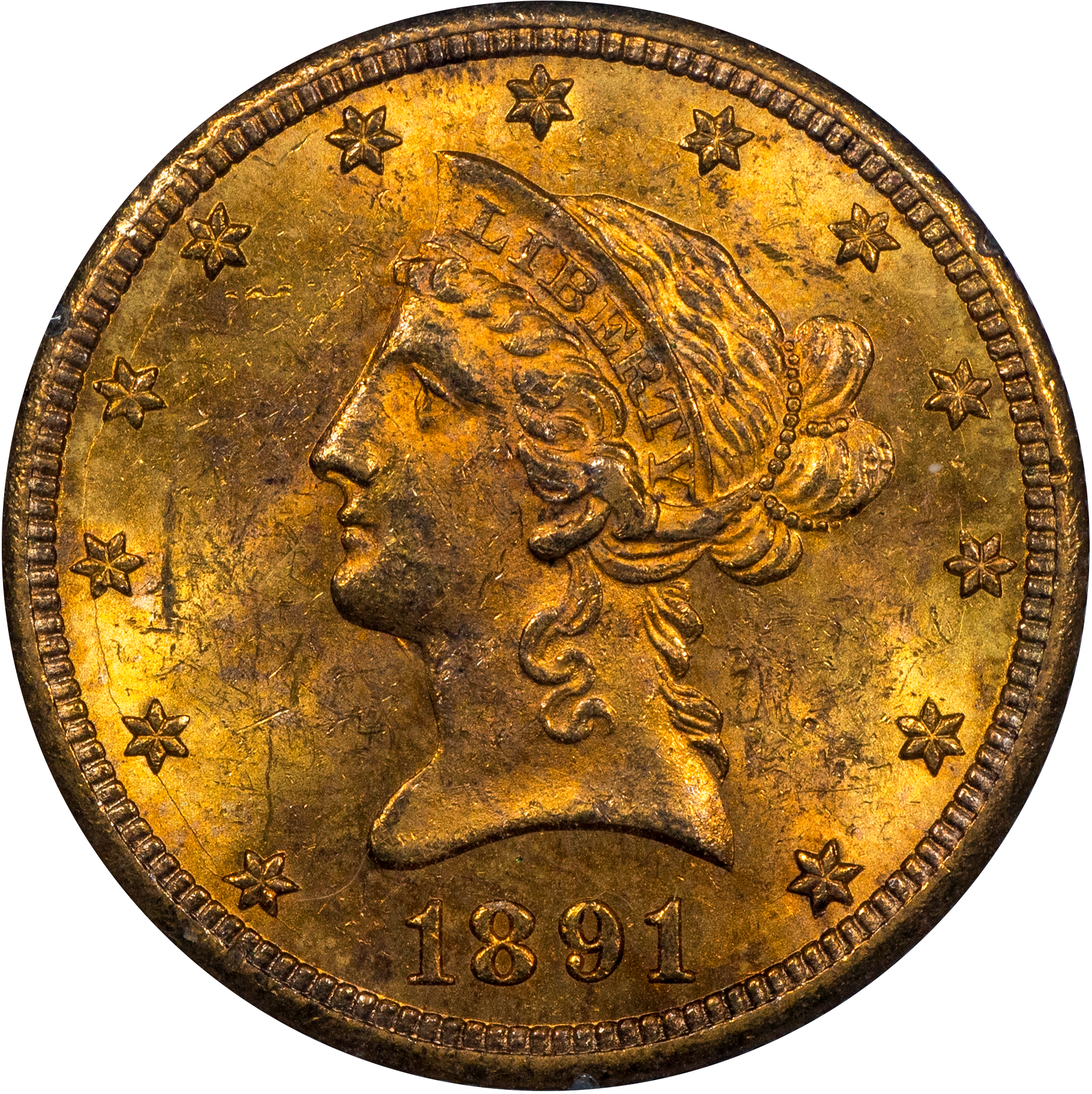 1891-CC $10 LIBERTY HEAD EAGLE MS60 OGH RATTLER PCGS CAC OBVERSE