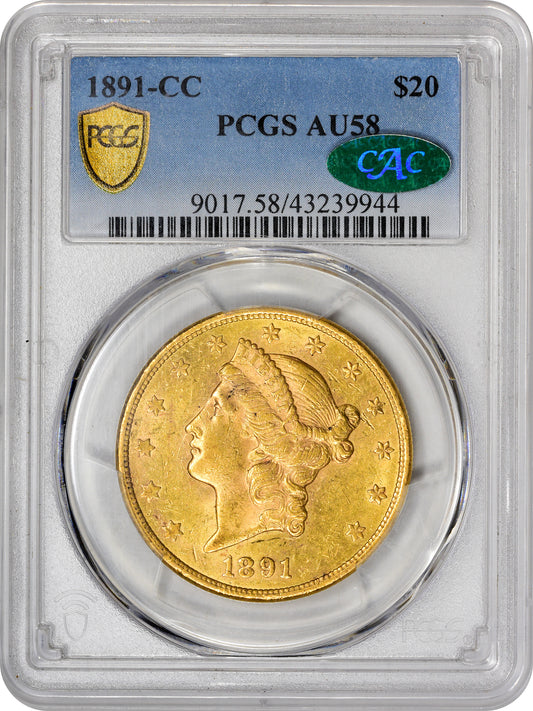 1891-CC $20 AU58 PCGS CAC HOLDER WITH CAC STICKER