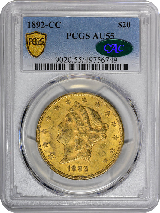 1892-CC $20 AU55 PCGS CAC HOLDER WITH CAC STICKER