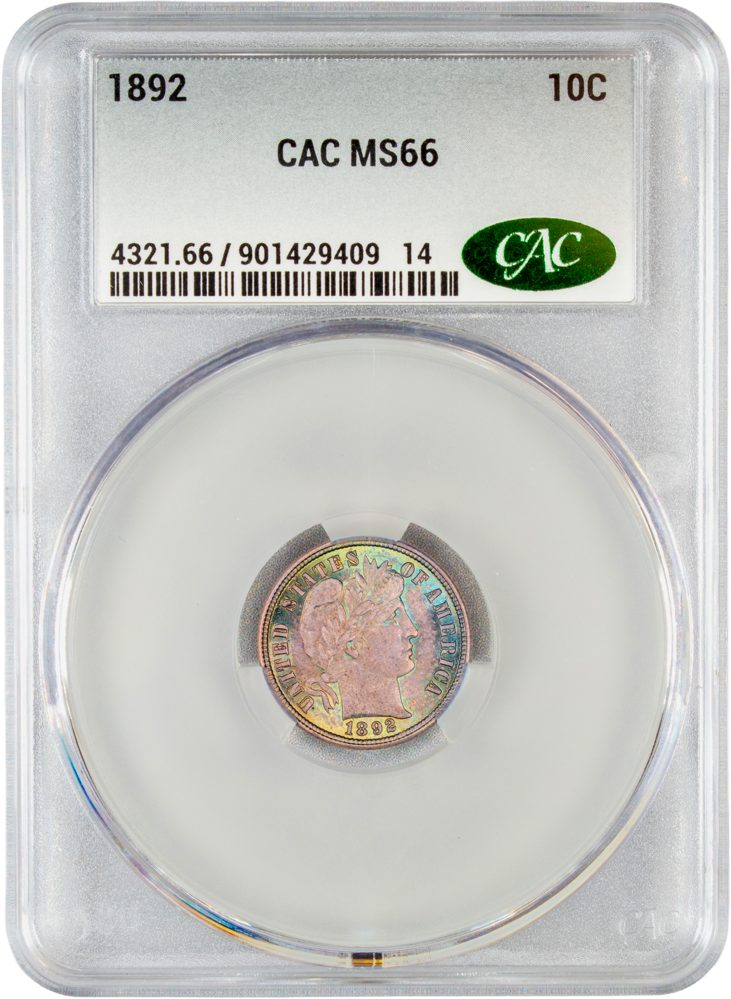 1892 10C MS66 CACG HOLDER WITH GREEN CAC STICKER