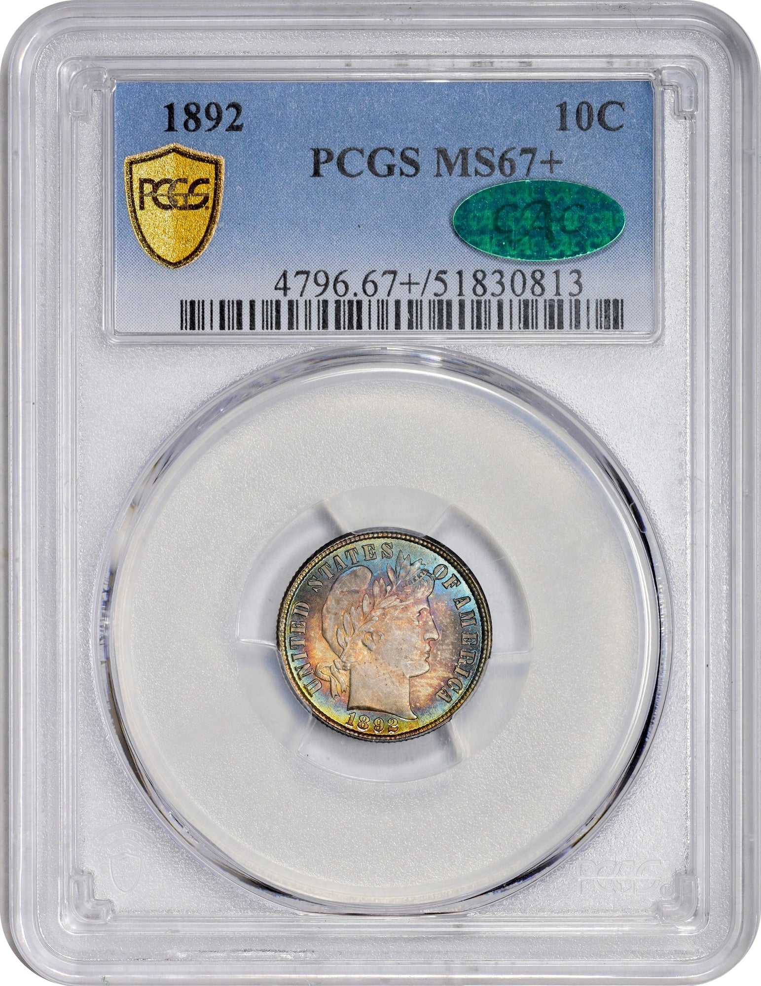1892 10C MS67+ PCGS CAC