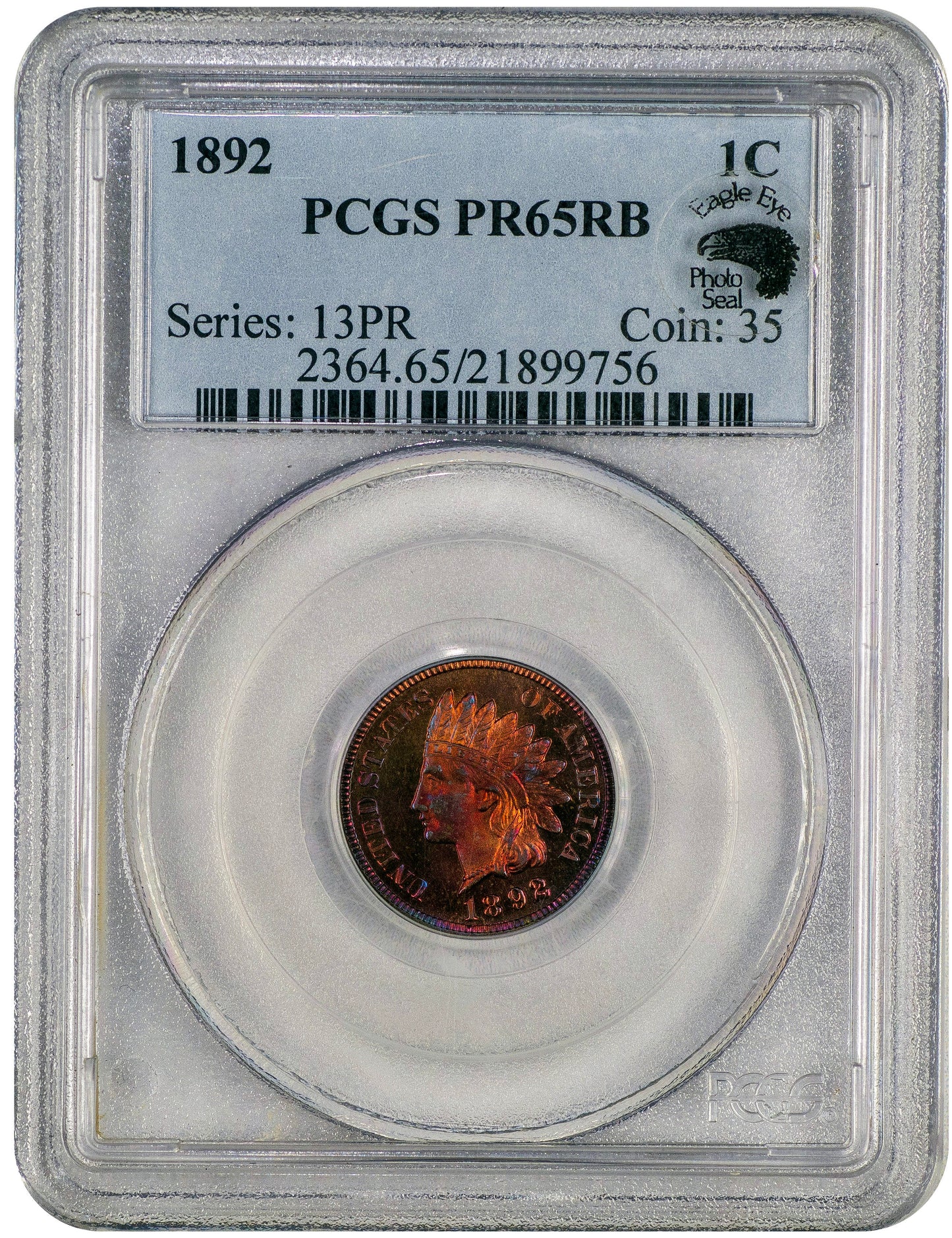 1892 Proof Indian Head Cent 1C PR65 RB PCGS EEPS Holder with Eagle Eye Photo Seal Sticker 
