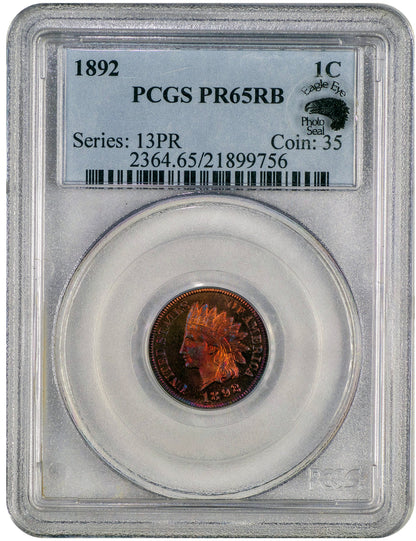 1892 Proof Indian Head Cent 1C PR65 RB PCGS EEPS Holder with Eagle Eye Photo Seal Sticker 