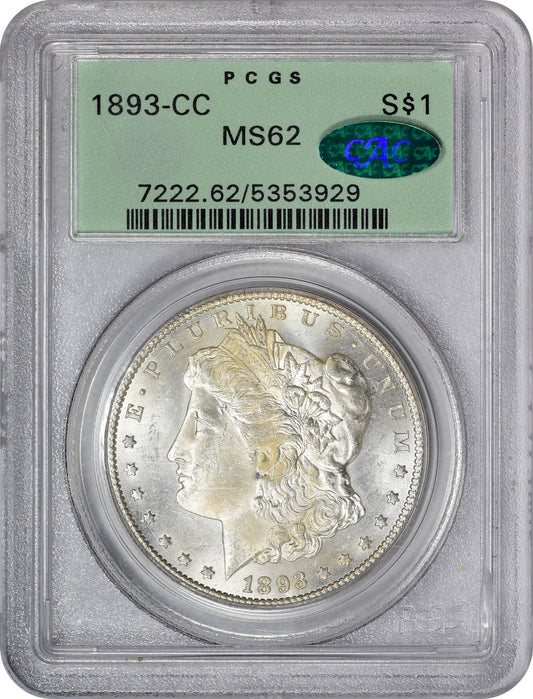 1893-CC $1 MS62 OGH PCGS CAC HOLDER WITH CAC GREEN STICKER