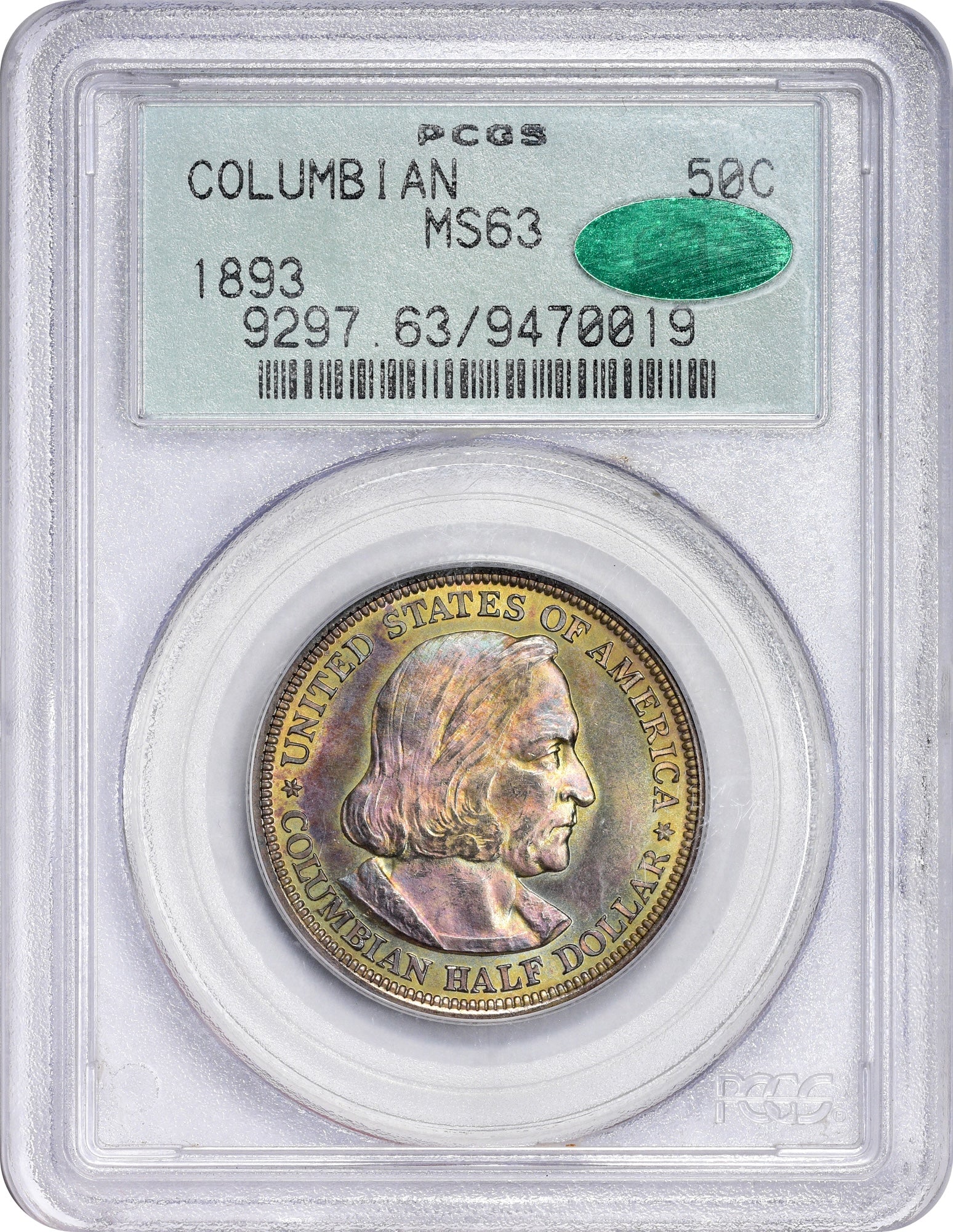 1893 50C COLUMBIAN MS63 OGH PCGS CAC HOLDER WITH CAC STICKER